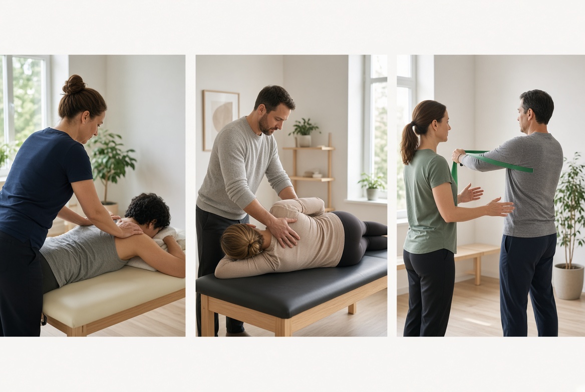 Tre behandlingssituationer: mjukdelsbehandling, manuell ledbehandling och aktiv rehab med gummiband.