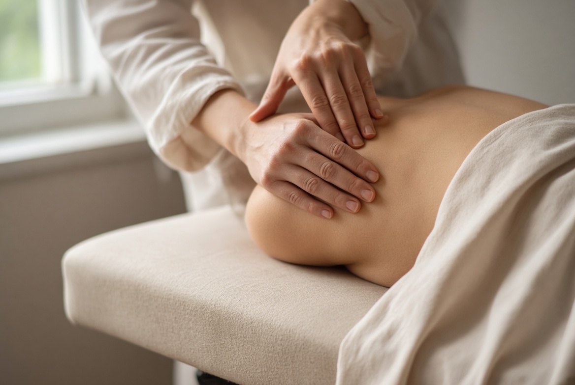 Närbild på terapeuthänder som behandlar övre ryggen på en brits i dagsljus.