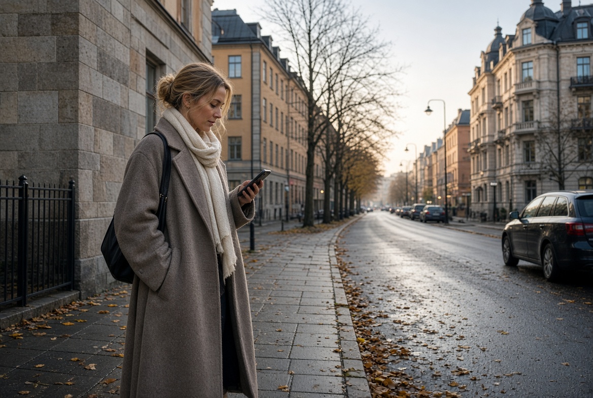 Person letar upp en klinik i mobilen på en stadsgata.